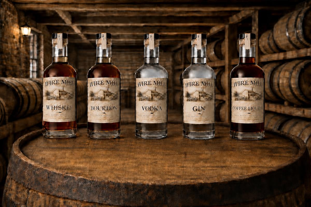 Wire Mill Whiskey, Bourbon, Vodka, Gin, and Coffee Liqueur bottles